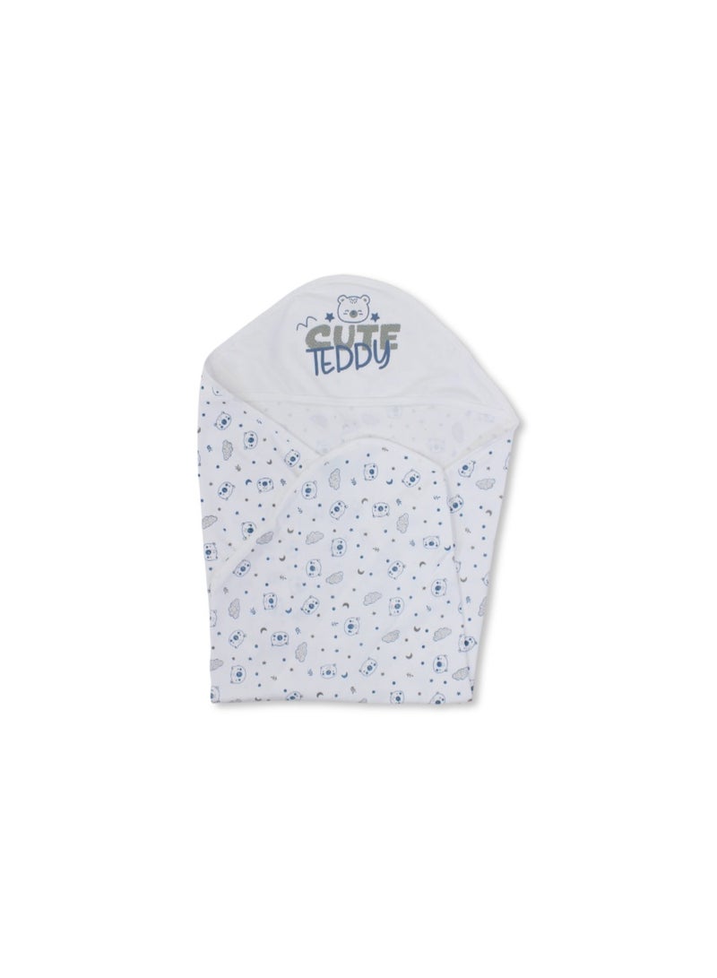 Berceau Cotton Baby Blanket – Off-White & Indigo with "Cute Teddy" Print - Image 1